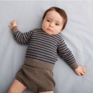 FUB Baby Rib Sweater 100% Wool Stripe Boatneck Blue 0-2M NWT